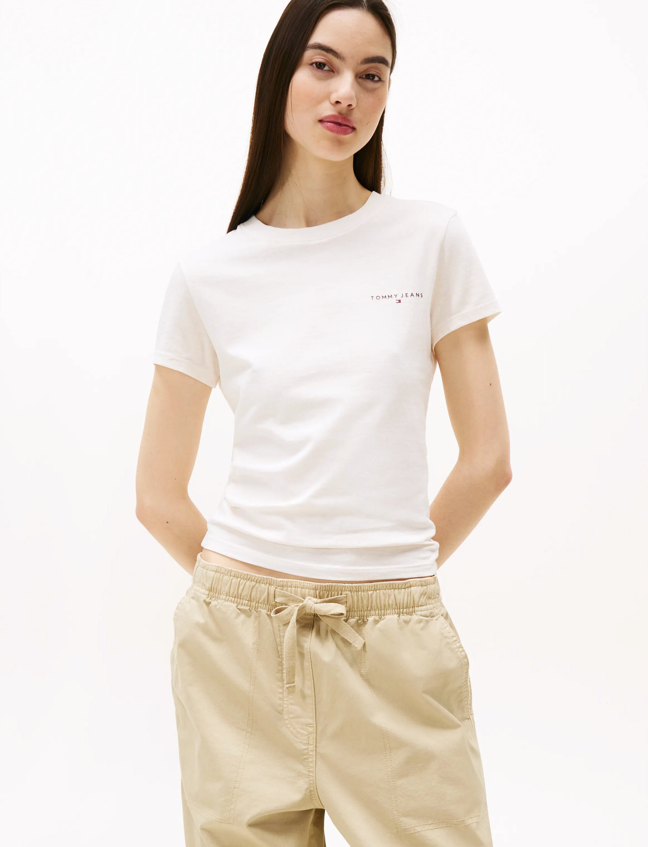 Tommy Jeans Tjw Slim Linear Ss Tee Ext, L, White, T-Shirts & Toppe > Kortærmede, Dame