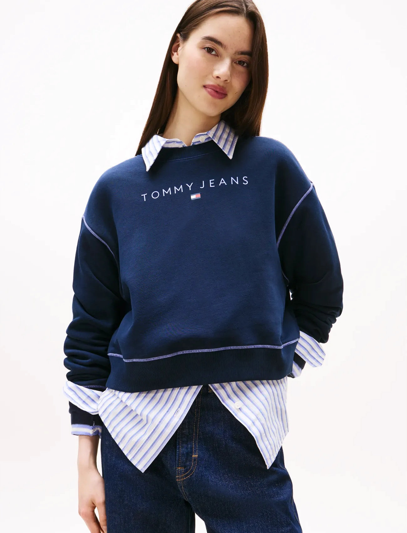 Tommy Jeans Tjw Rlx Crp Stitch Linear Crew, XL, Blue, Sweatshirts & Hættetrøjer > Sweatshirts, Dame