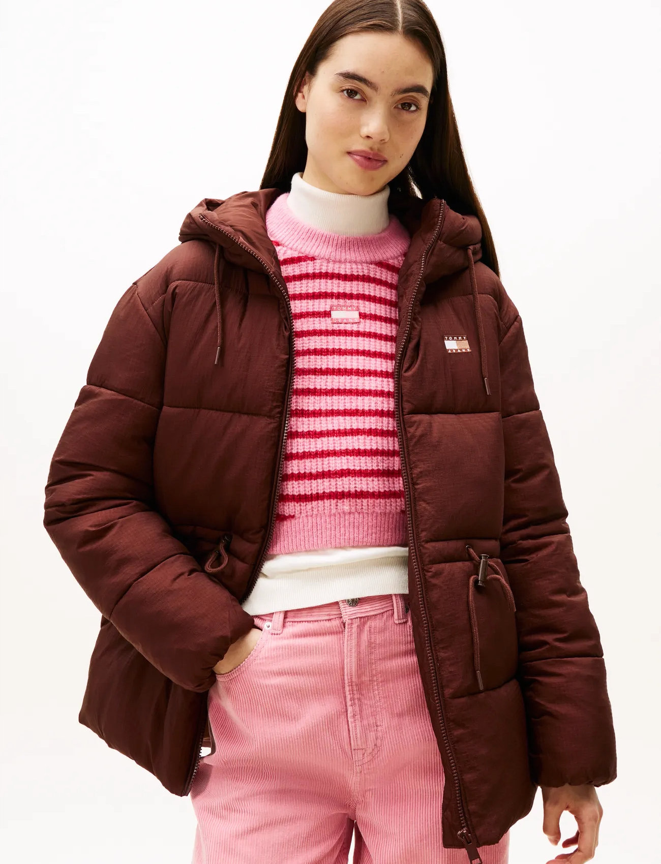 Tommy Jeans Tjw Hooded Midi Puffer Jacket, S, Burgundy, Jakker > Vatteret Jakke, Dame