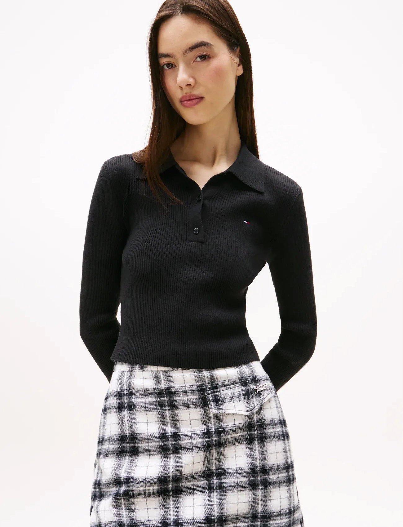 Tommy Jeans Tjw Essential Polo Ls Sweater, S, Navy, Crop Overdele > Crop Overdele Med Lange Ærmer, Dame