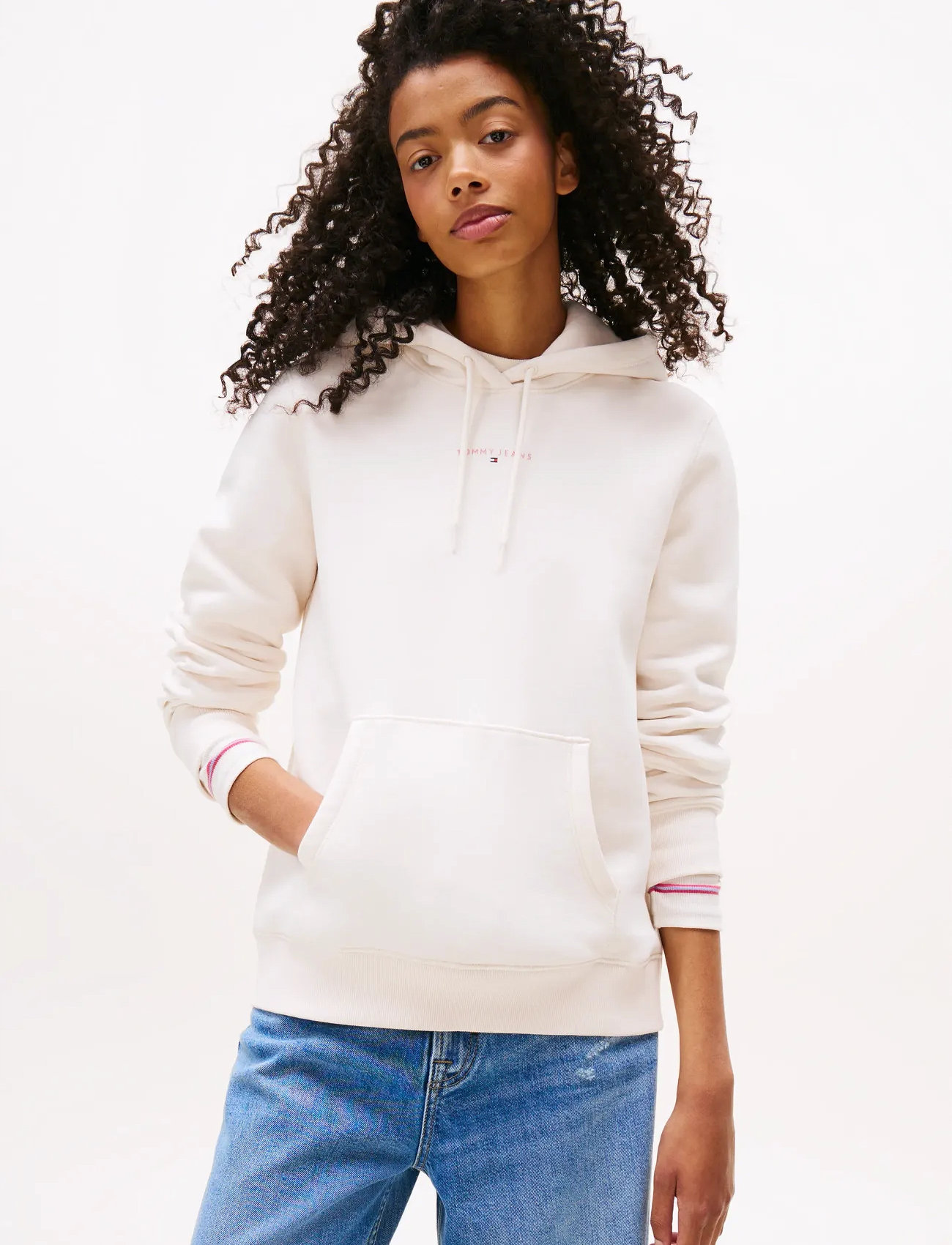 Tommy Jeans Tjw Reg Linear Hoodie Ext, L, White, Sweatshirts & Hættetrøjer > Hættetrøjer, Dame