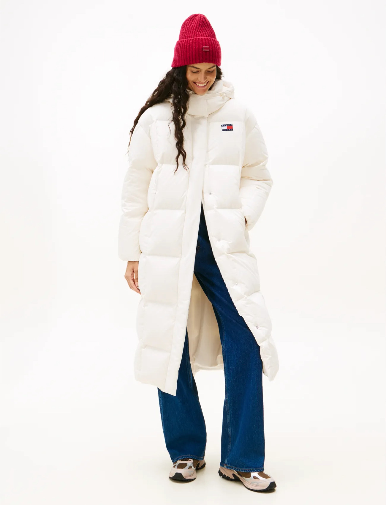 Tommy Jeans Tjw Alaska Grid Dwn Mxi Coat Ext, L, Cream, Frakker > Vatterede Frakker, Dame