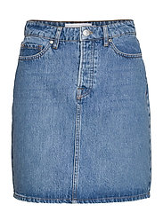 bright blue denim skirt