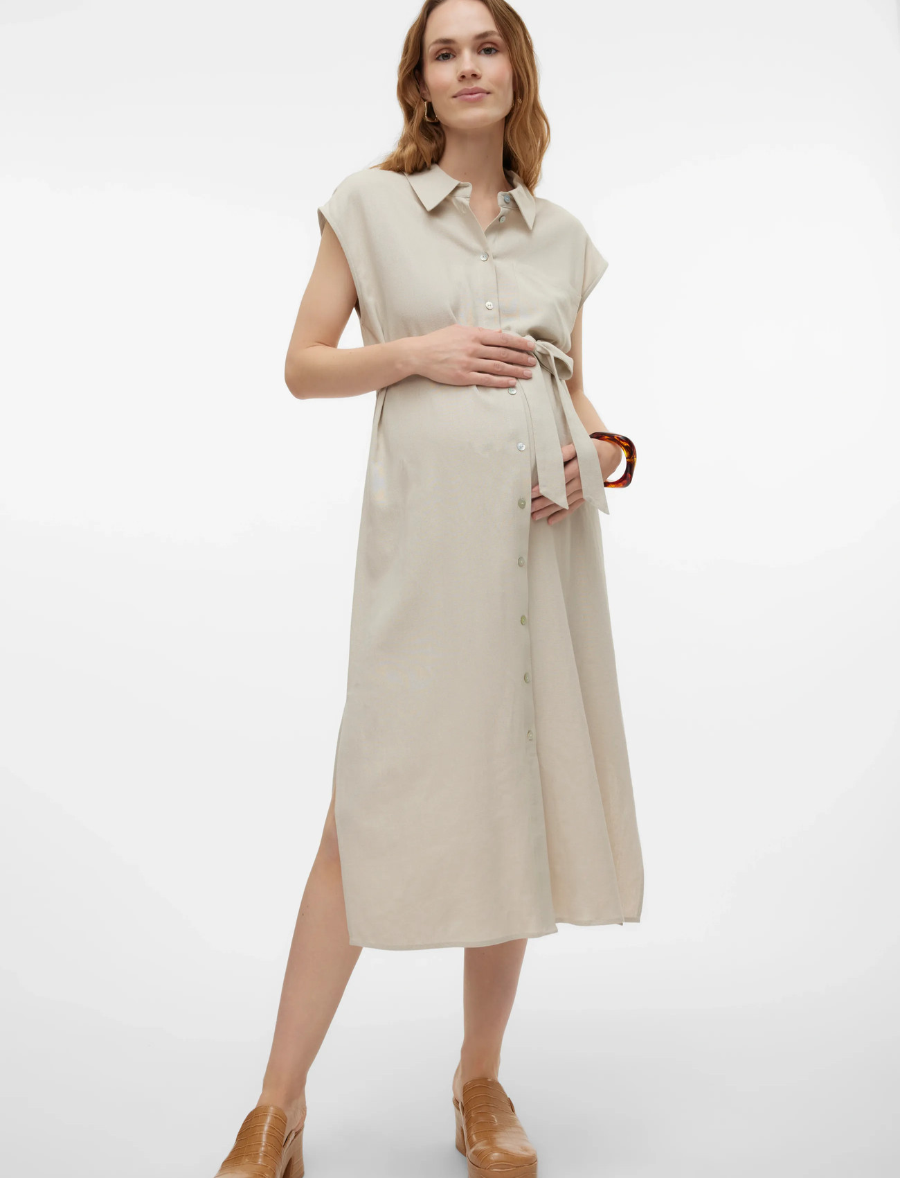 Vero Moda Maternity Vmmmymilo Sl Calf Shirt Dress Wvn, S, Beige, Kjoler > Skjortekjoler, Dame