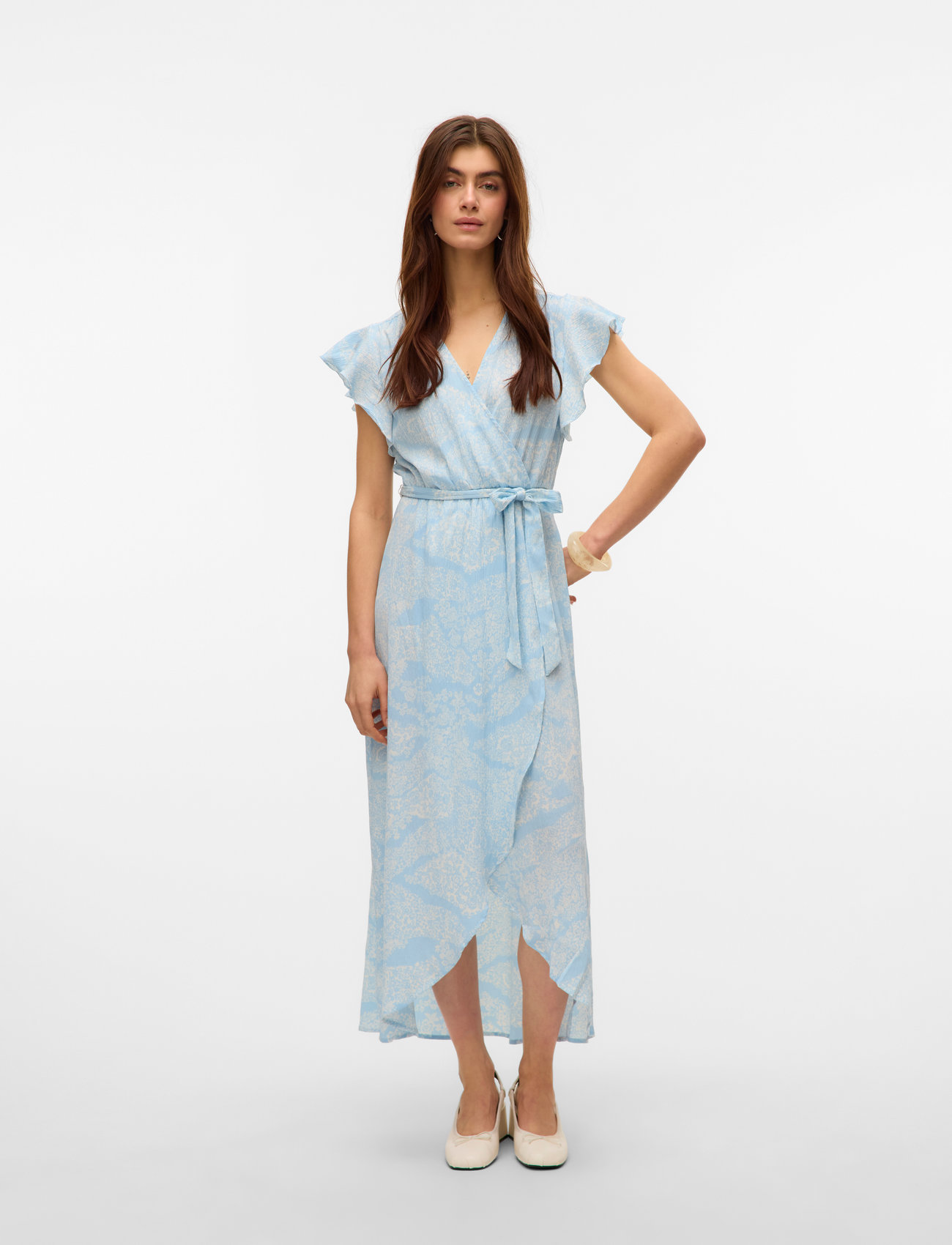 Vero Moda Vmpage S/L Long Wrap Dress Wvn Ga, M, Blue, Kjoler > Kort Kjole, Dame