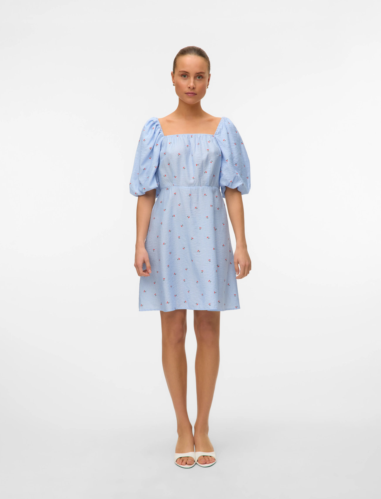 Vero Moda Vmodette 2/4 Short Bow Dress Wvn, L, Blue, Kjoler > Kort Kjole, Dame