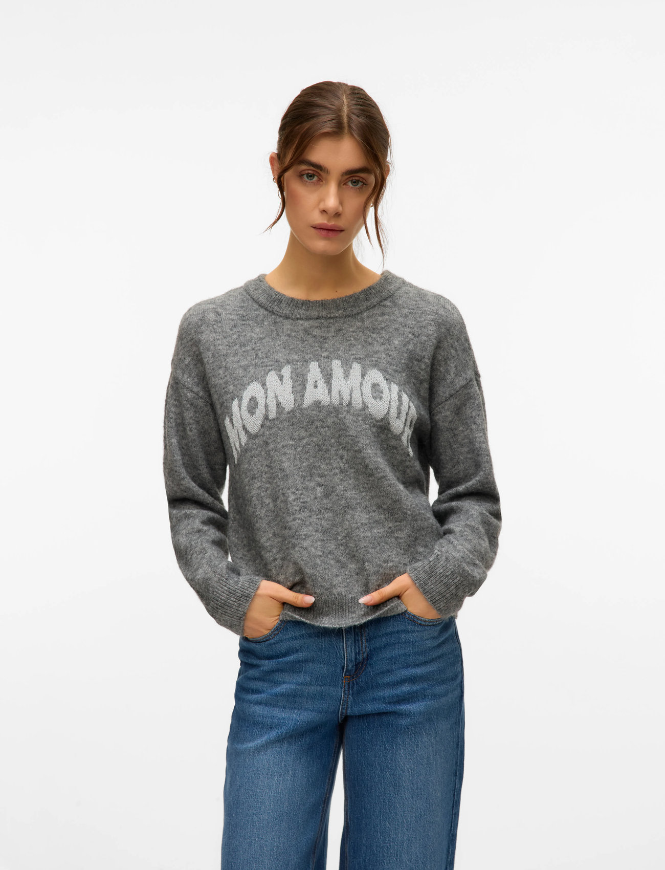 Vero Moda Vmamoremio Ls O-Neck Pullover Boo, L, Grey, Knitwear - Jumpers, Dame