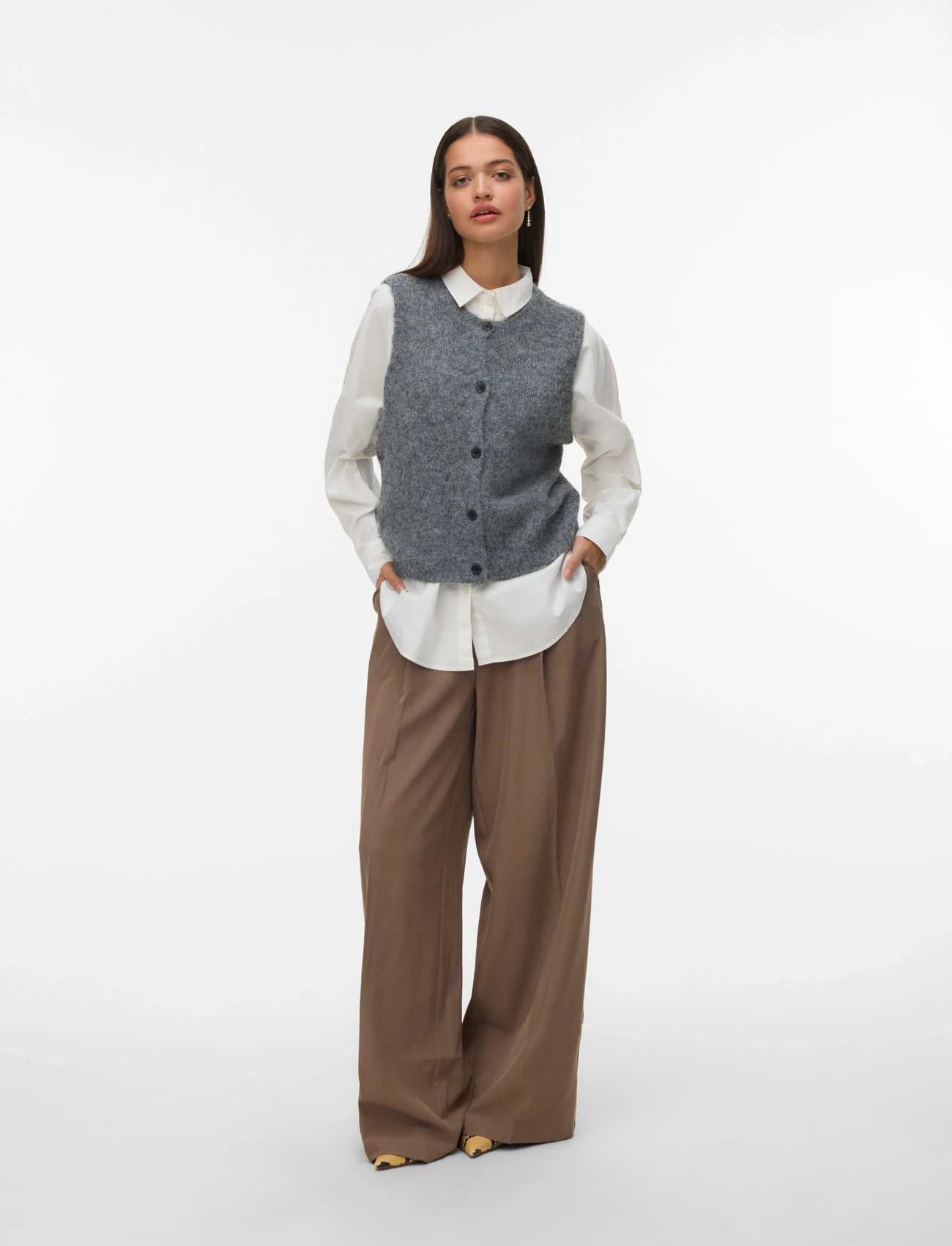 Vero Moda Vmnovah Sl O-Neck Button Vest Noos, XS, Grey, Veste > Strikkede Veste, Dame