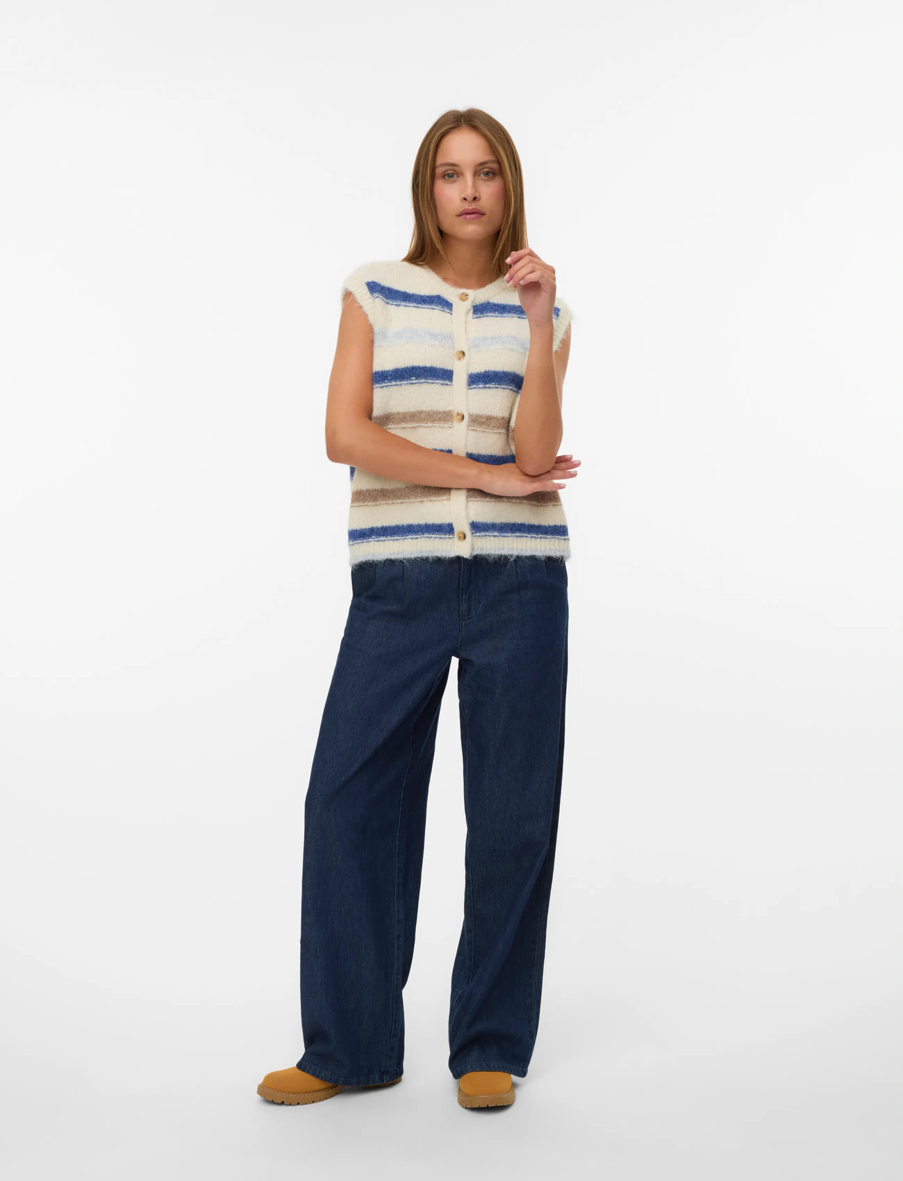 Vero Moda Vmkira Sl O-Neck Stripe Vest Boo, M, Cream, Veste > Strikkede Veste, Dame