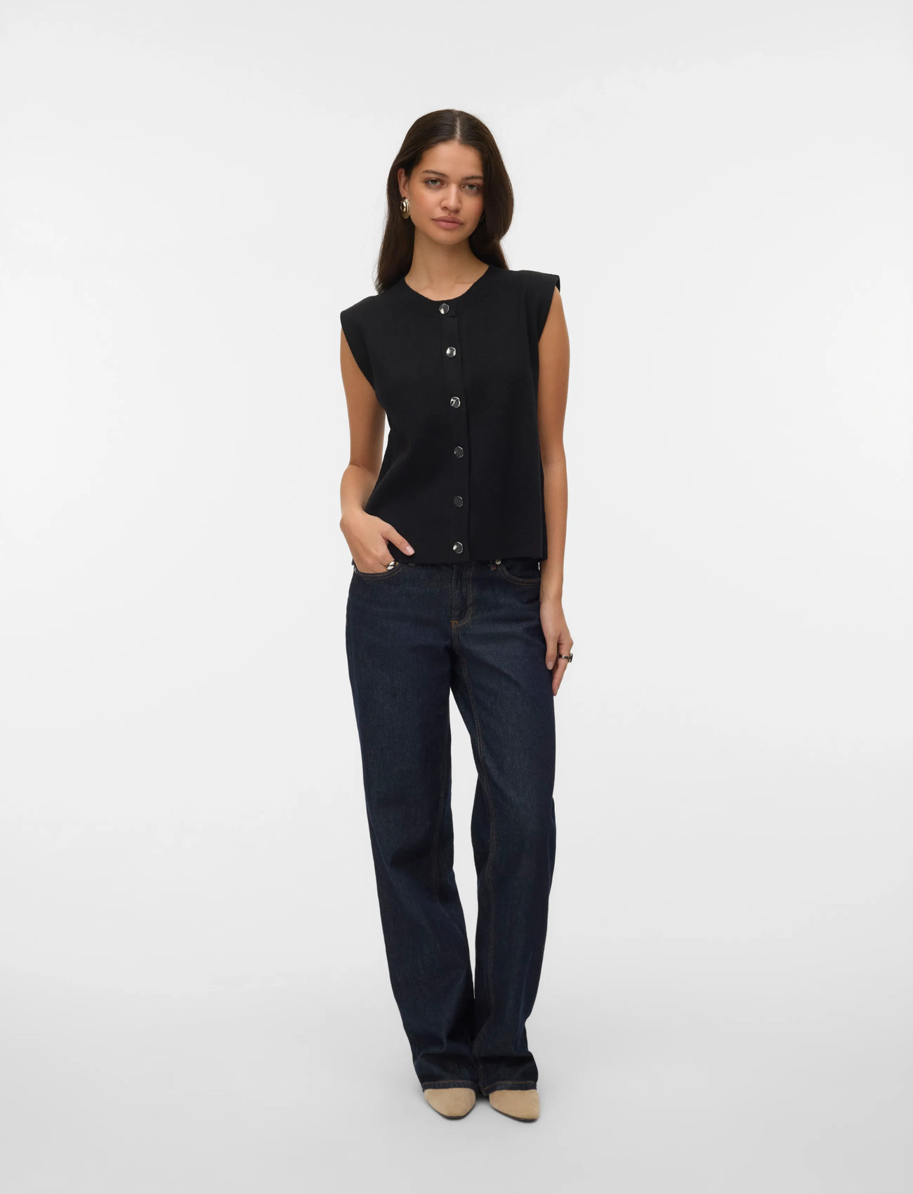 Vero Moda Vmgold Sl O-Neck Button Vest Boo, XS, Black, Veste > Strikkede Veste, Dame