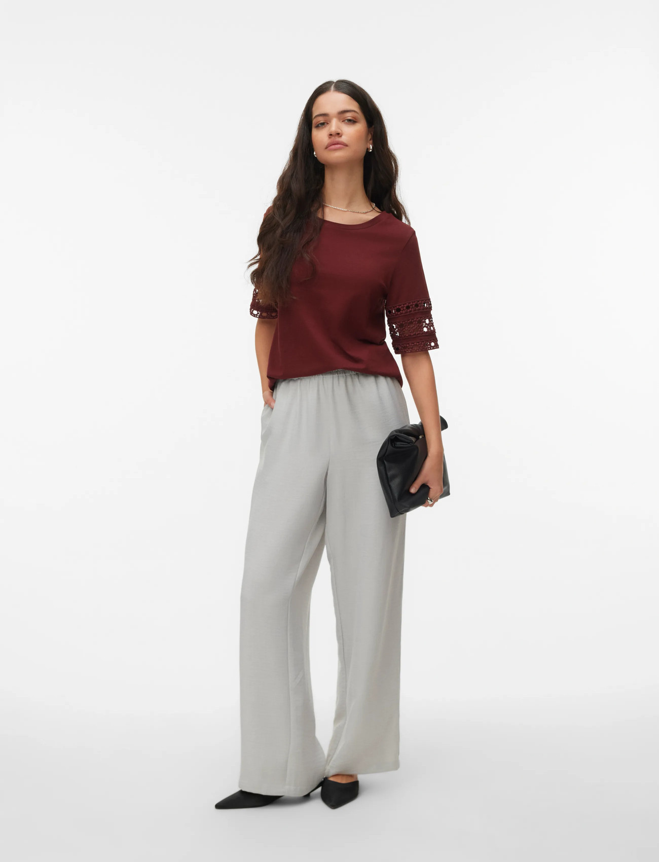 Vero Moda Vmivacy 2/4 O-Neck Top Jrs Btq, L, Burgundy, T-Shirts & Toppe > Kortærmede, Dame