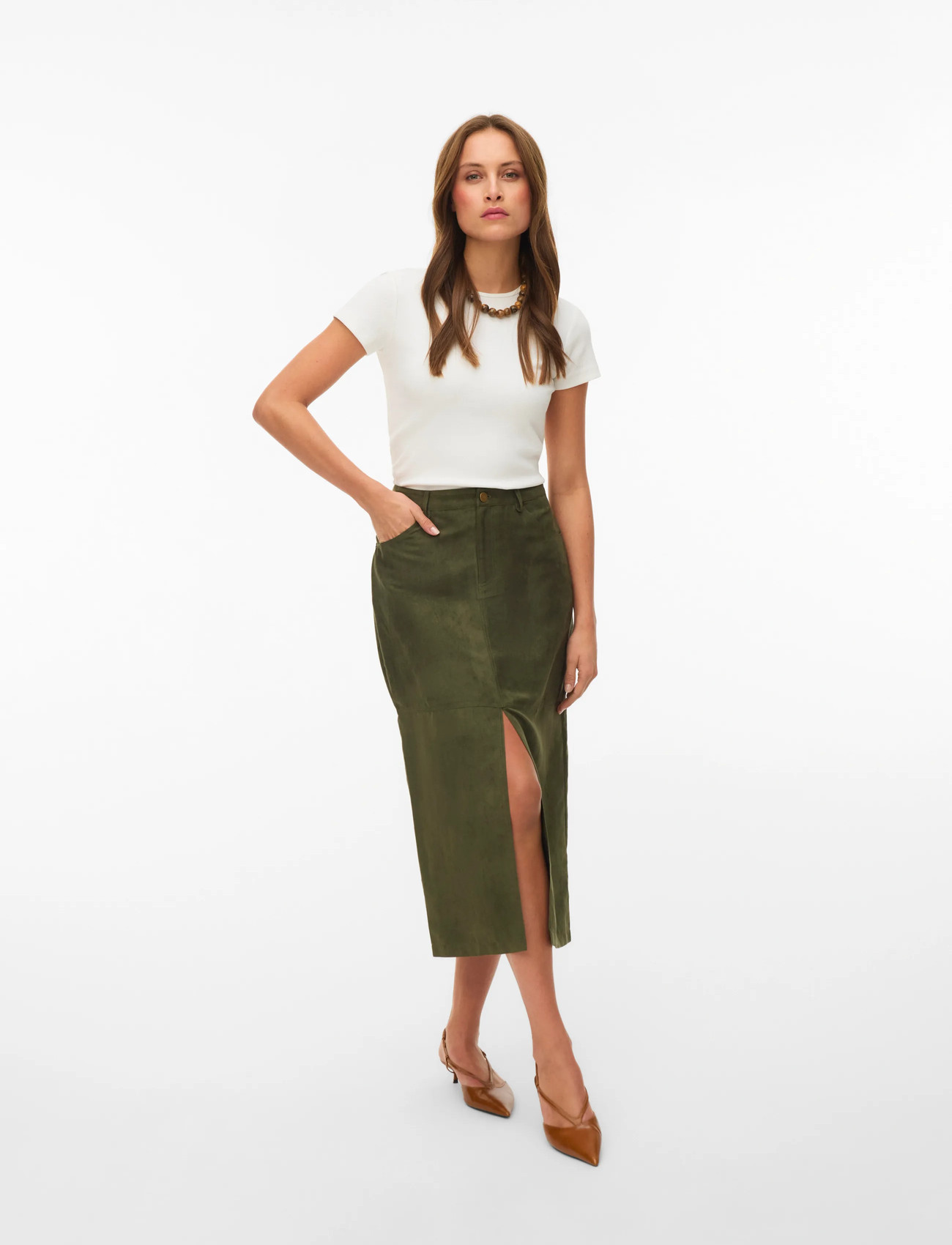 Vero Moda Vmkathy Hw Midi Skirt Wvn Exp, XL, Khaki green, Nederdele > Knælange Og Midi Nederdele, Dame