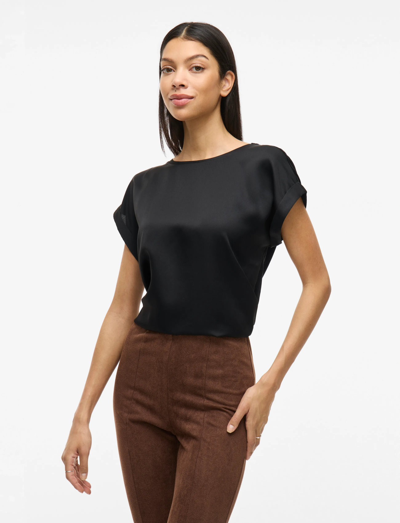 Vila Viellette S/S Satin Top - Noos, 36, Black, T-Shirts & Toppe > Kortærmede, Dame