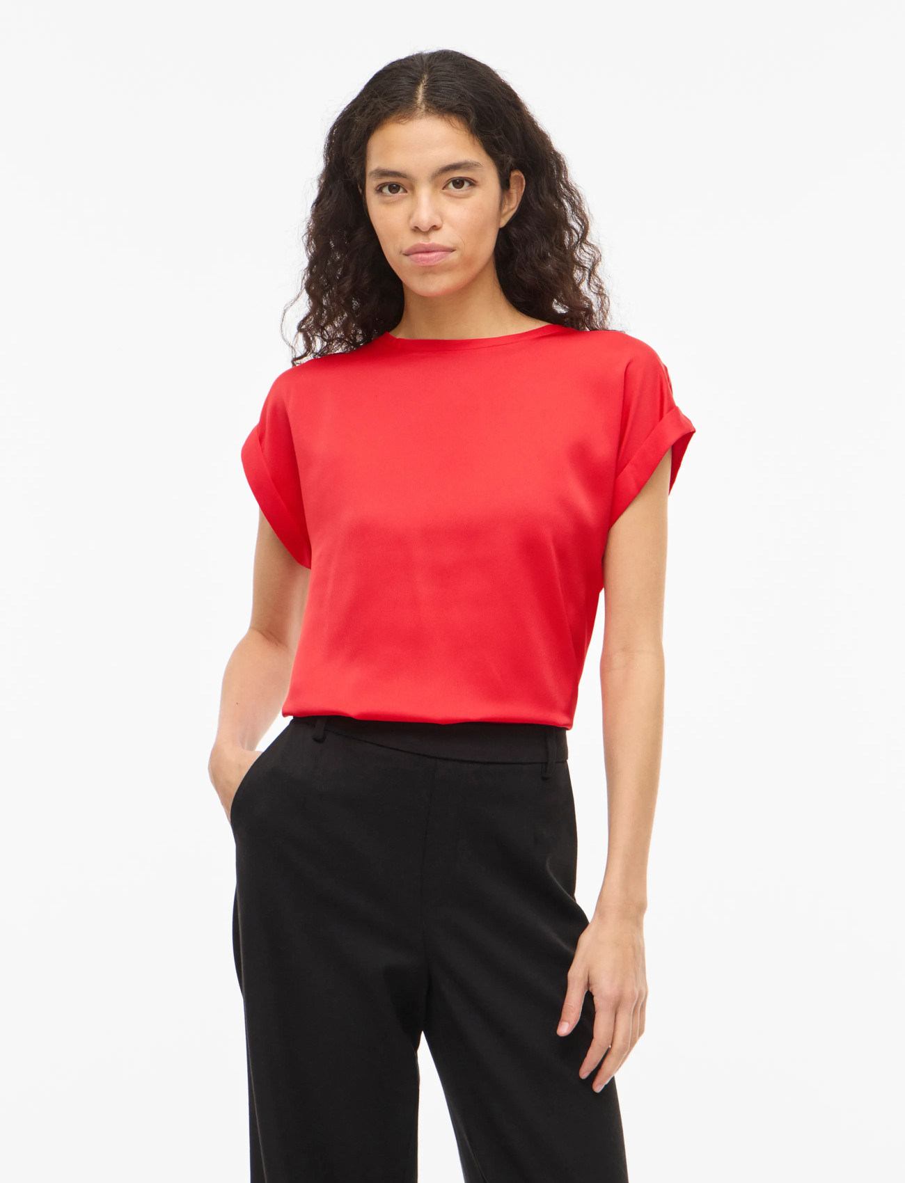 Vila Viellette S/S Satin Top - Noos, 42, Red, T-Shirts & Toppe > Kortærmede, Dame