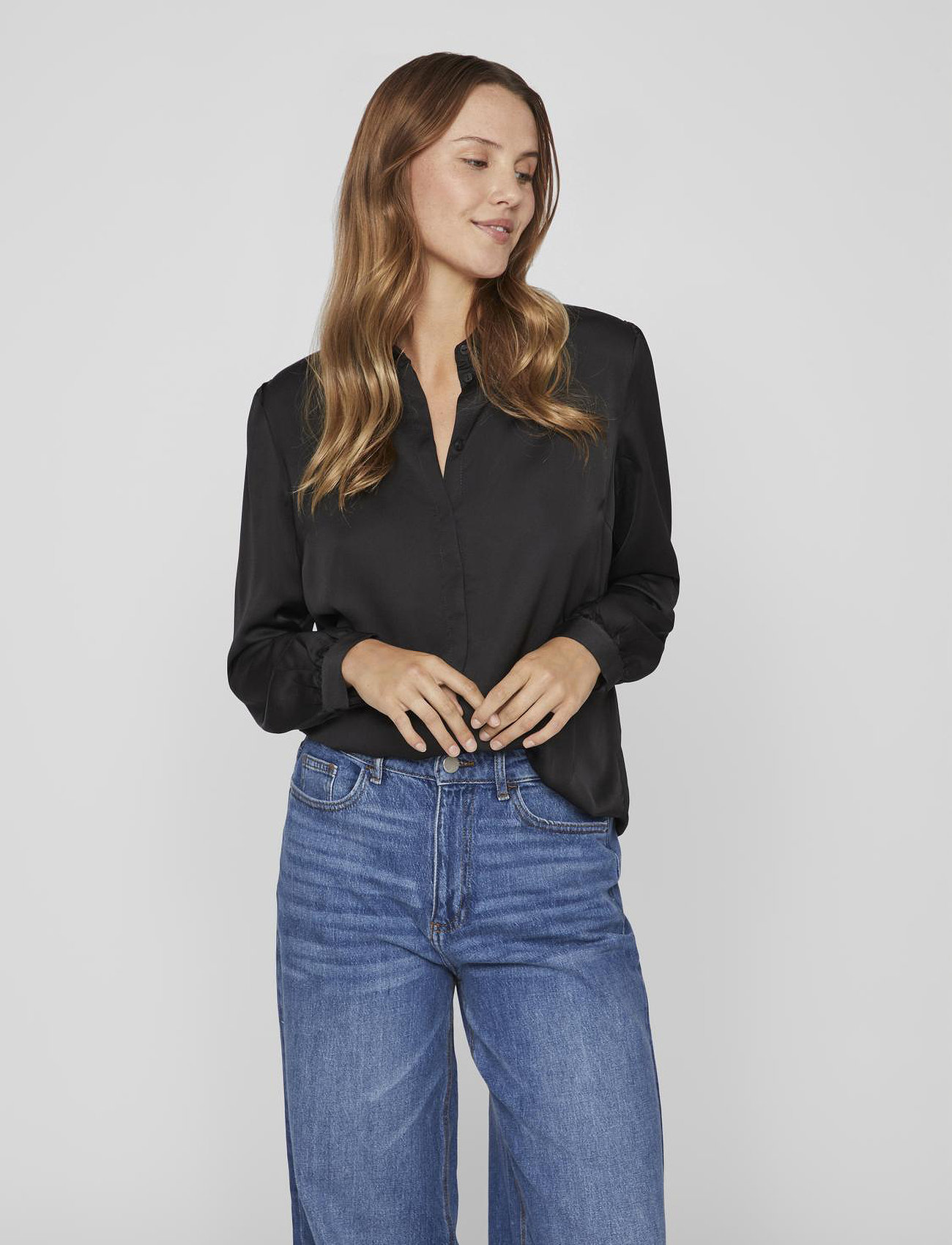 Vila Viellette Satin L/S Shirt - Noos, 34, Black, Skjorter > Langærmede, Dame