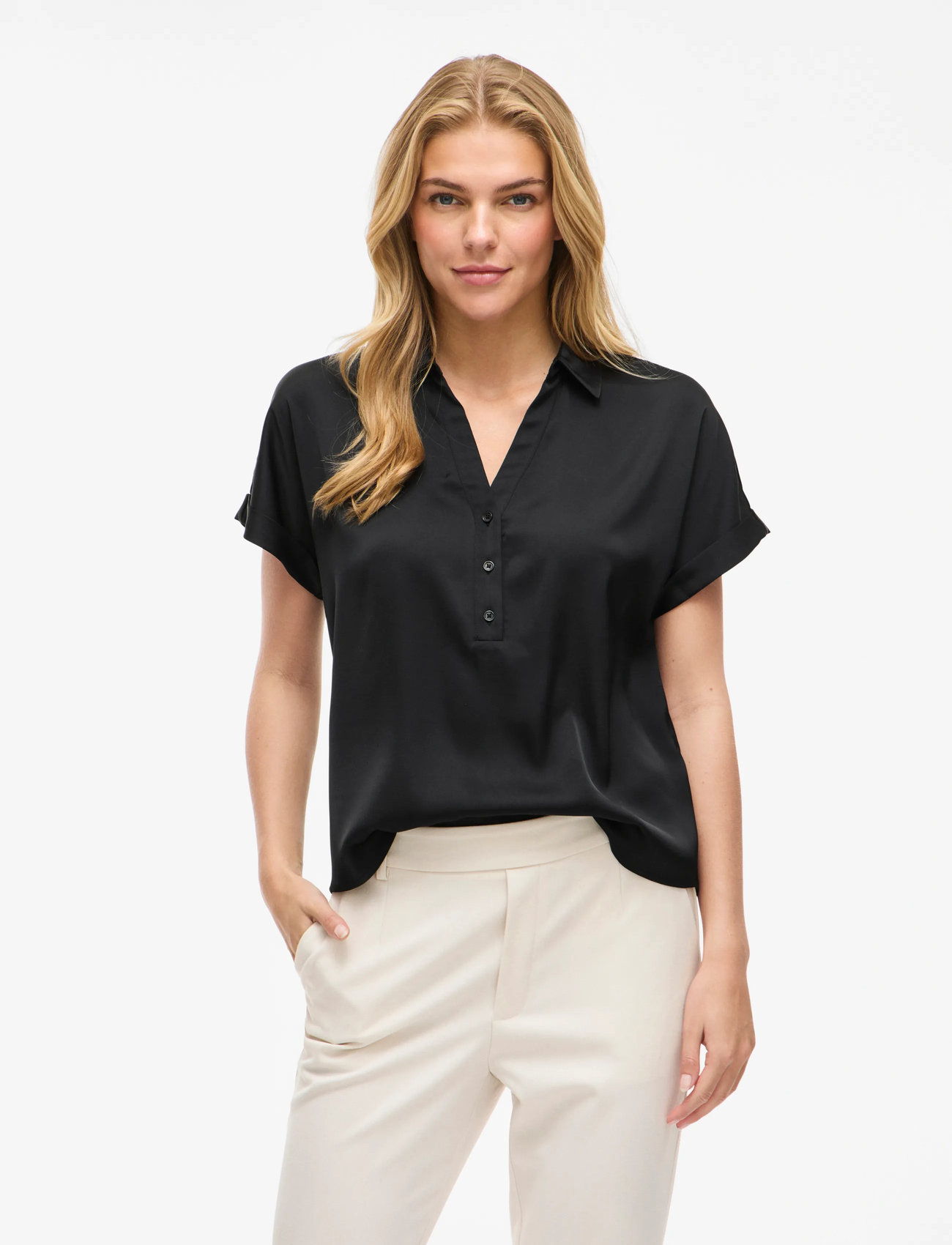 Vila Vienna Ravenna S/S Top - Noos, 42, Black, Skjorter > Kortærmede, Dame