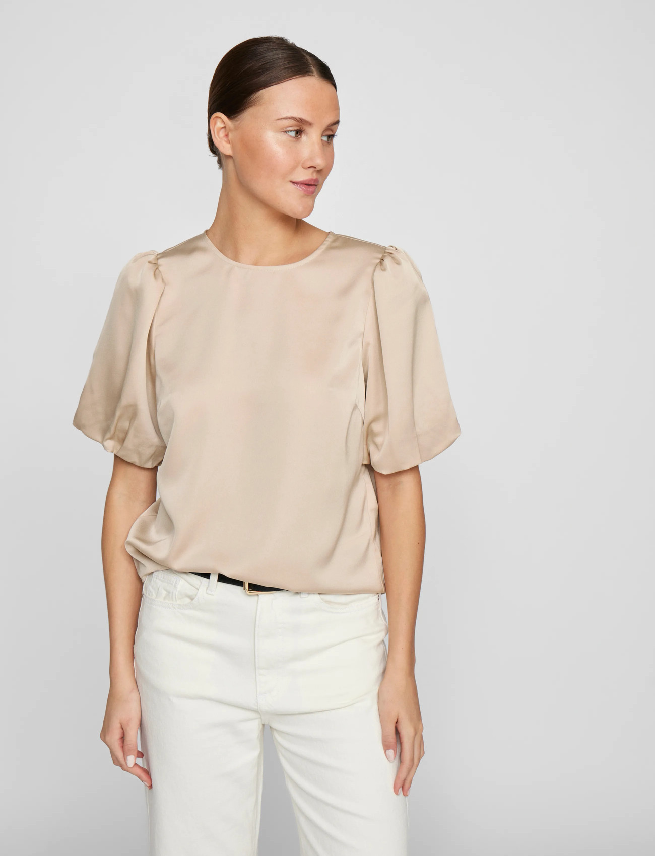 Vila Viellette 2/4 Satin Puff Top - Noos, 40, Beige, Skjorter > Kortærmede, Dame