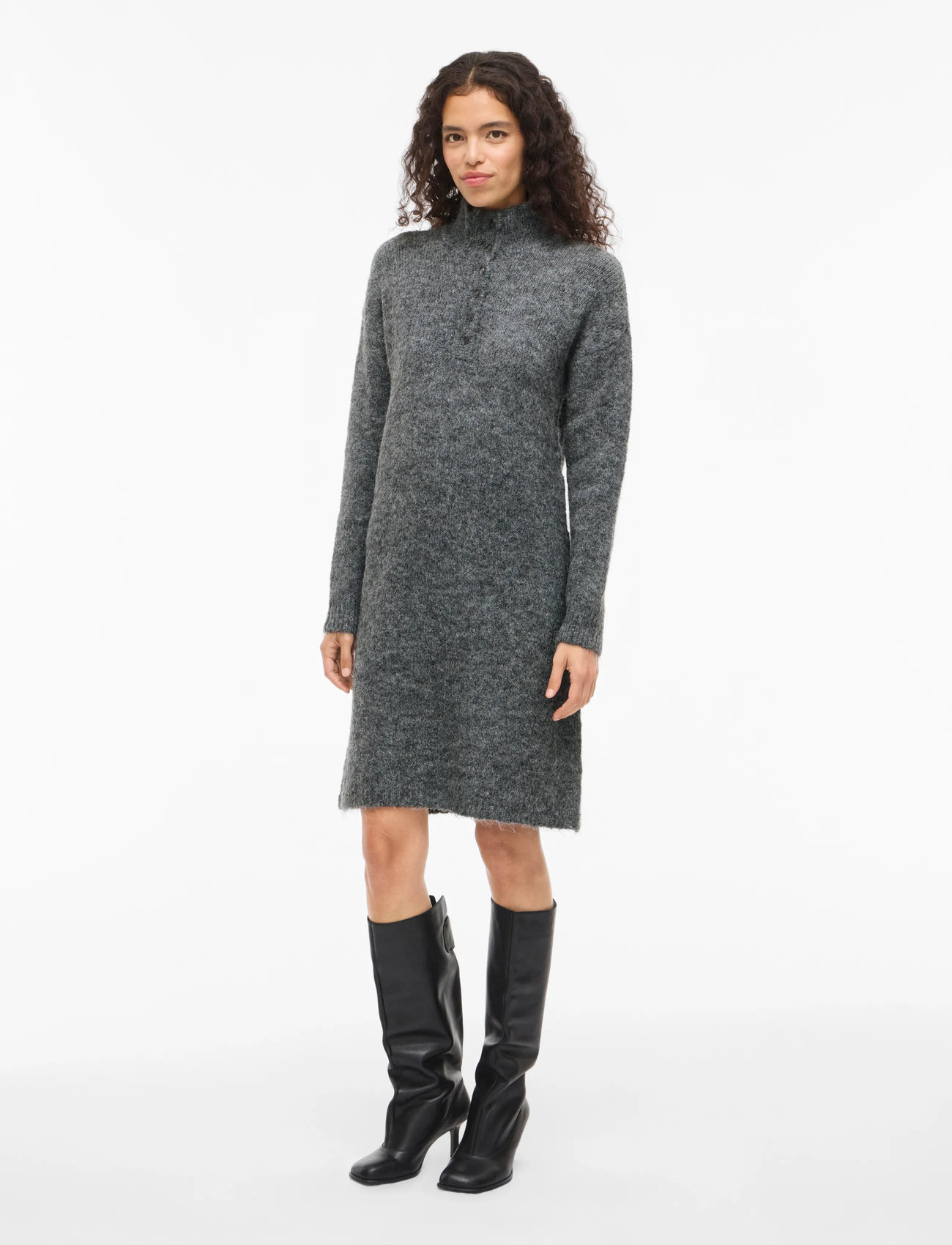 Vila Vinynni Highneck L/S Knit Dress/Bfs, XL, Grey, Kjoler > Kort Kjole, Dame