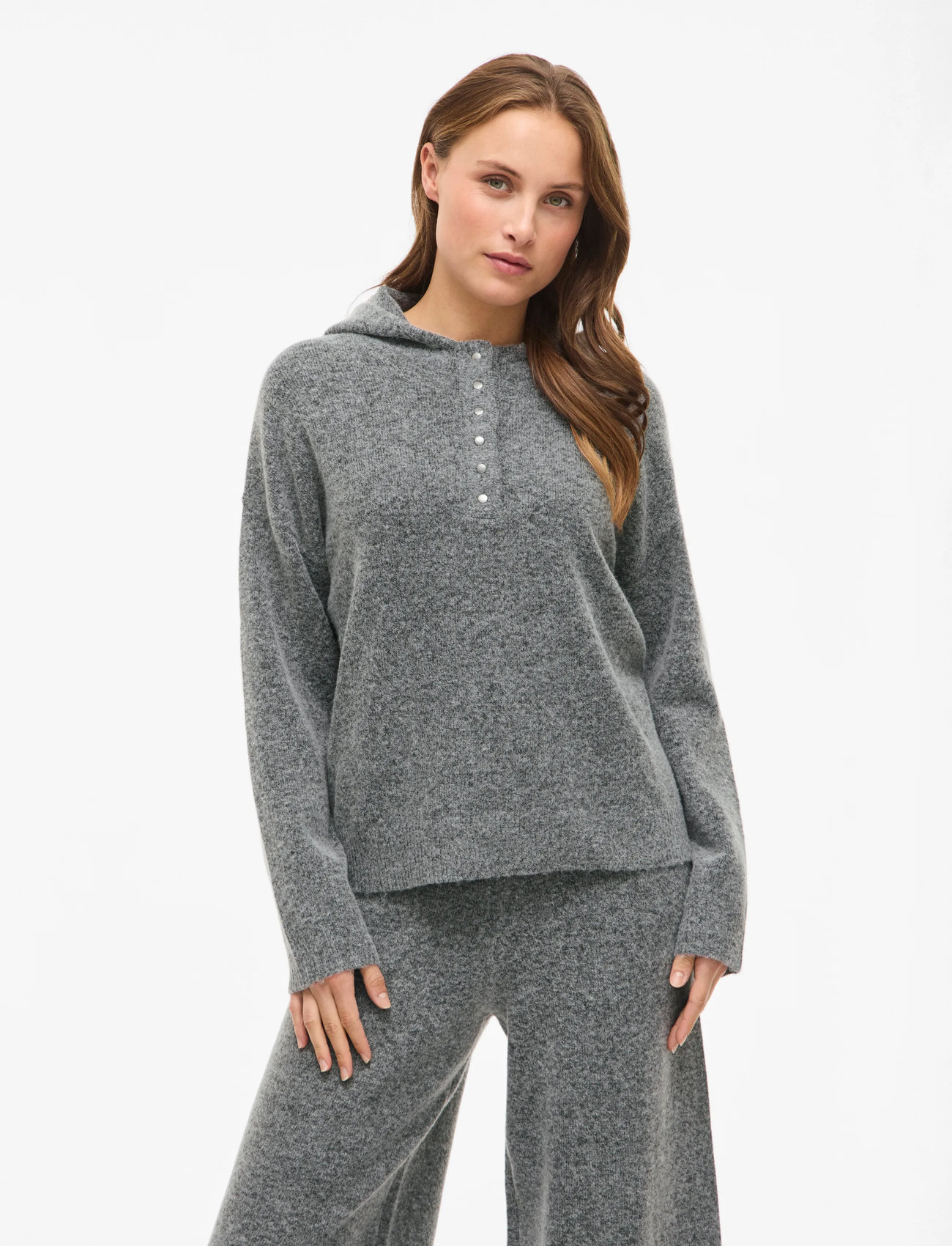 Vila Vicasti Hoodie L/S Button Knit Top, XS, Grey, Strik > Trøjer, Dame