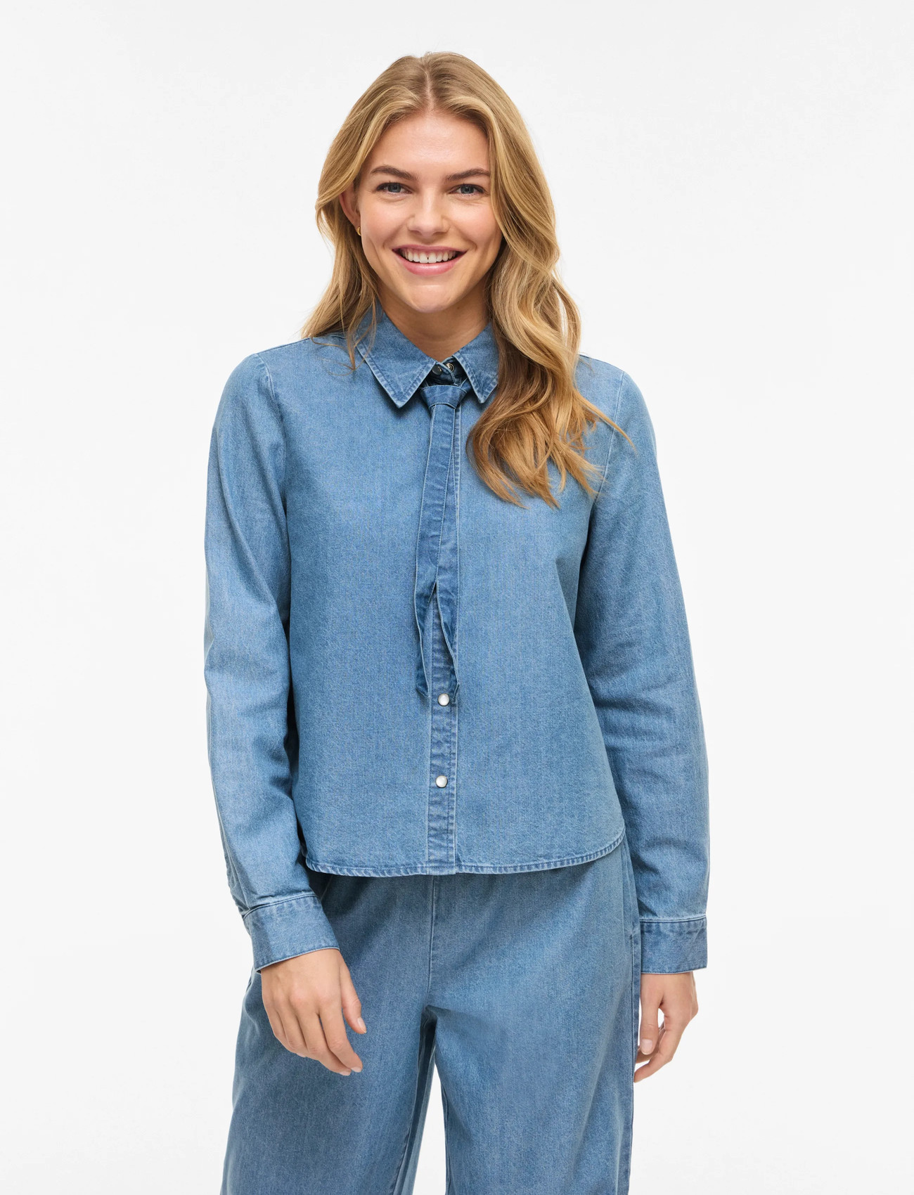 Vila Viconga L/S Bow Denim Shirt, 38, Blue, Skjorter > Denim-Skjorter, Dame