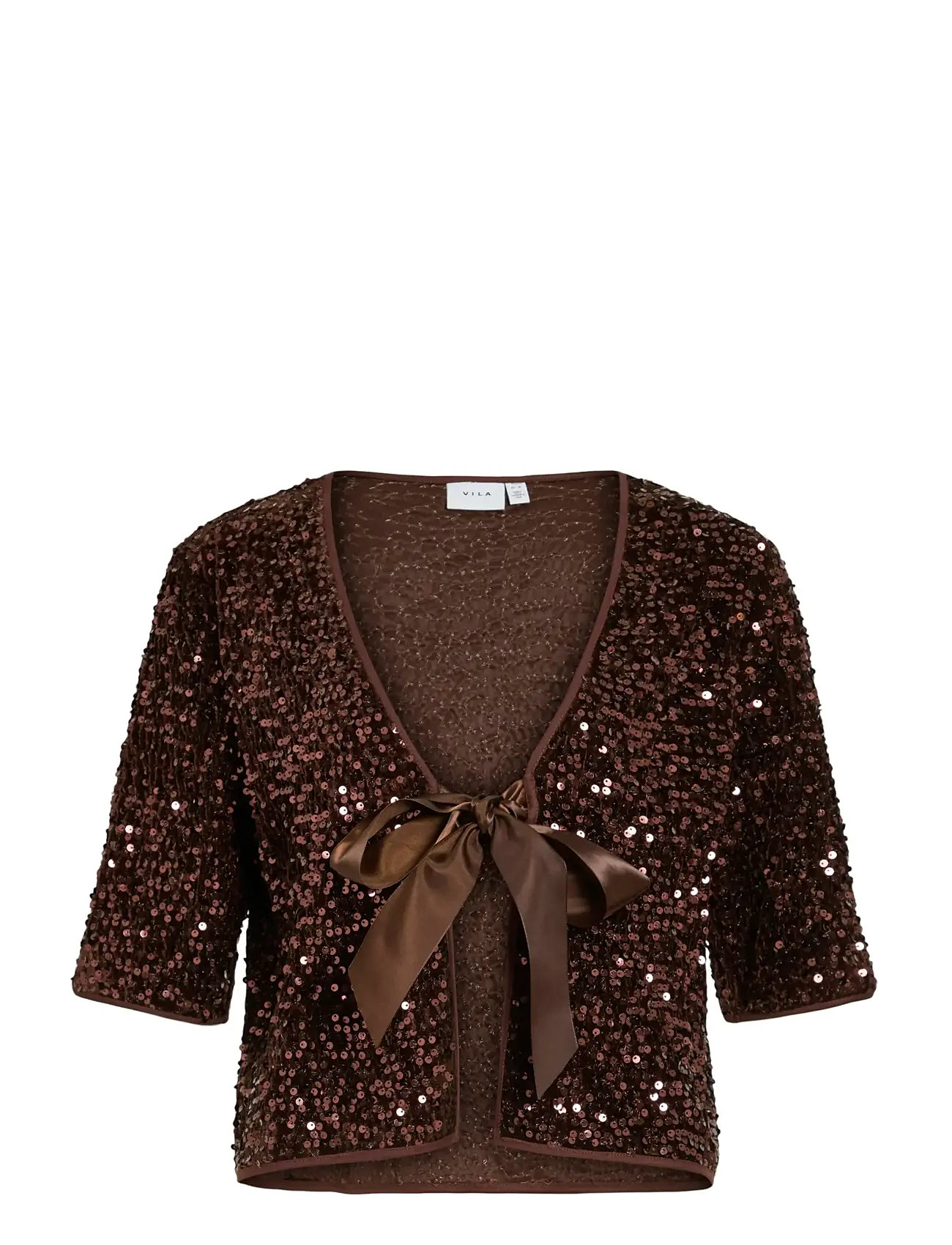 Vila Vibelieve S/S Tie Sequins Top/Ptyka, 40, Brown, T-Shirts & Toppe > Kortærmede, Dame