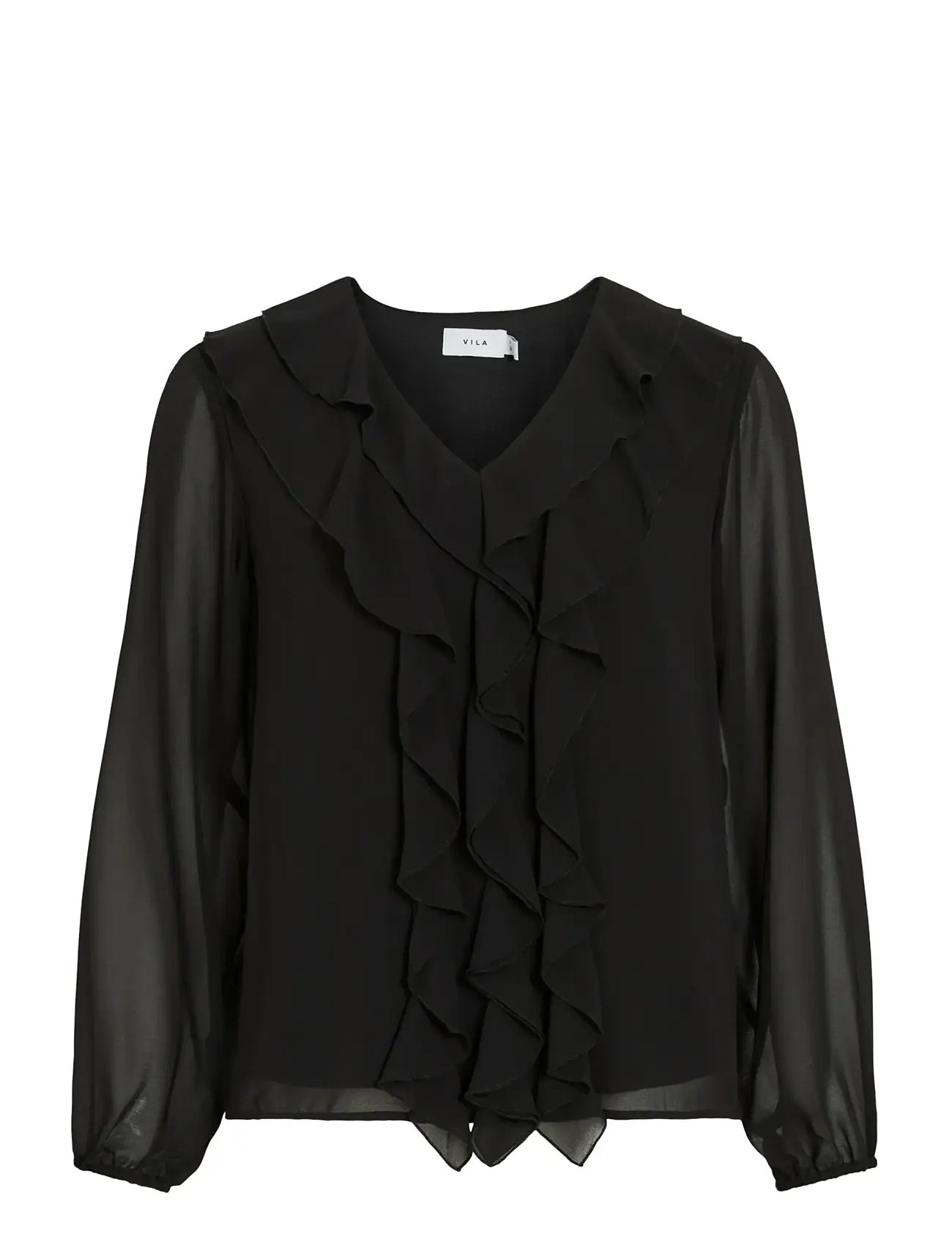 VILA Viane L/S V-Ausschnitt Frill Oberteil - Noos Schwarz - 40 - Damen