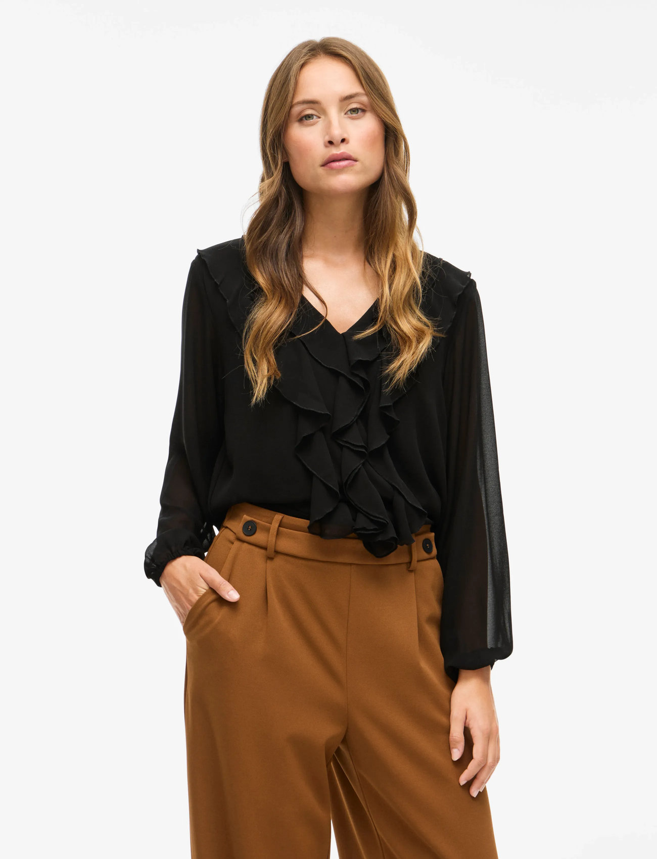 Vila Viane L/S V-Neck Frill Top - Noos, 34, Black, Bluser > Langærmede, Dame