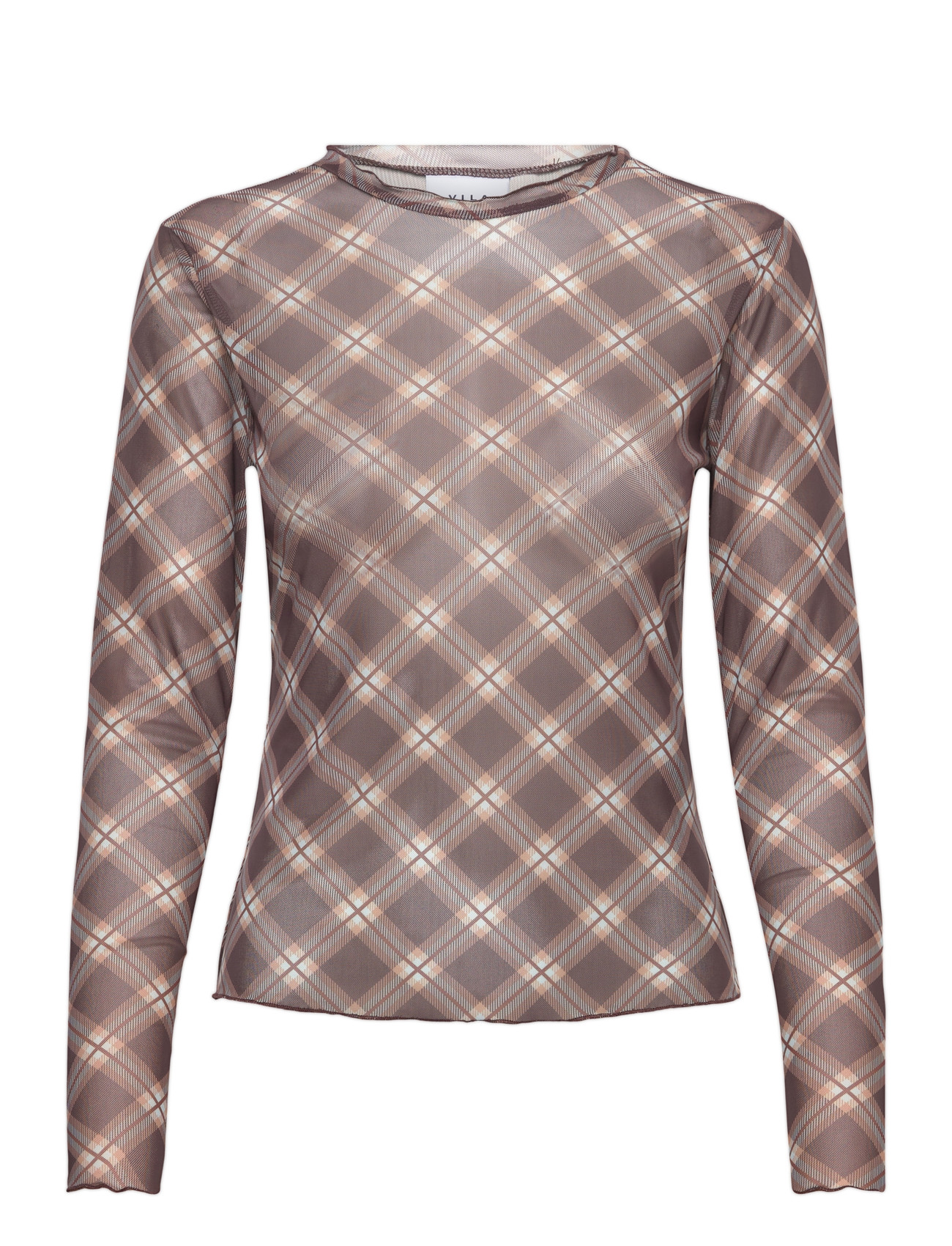VILA Vininna New L/S Check Mesh Oberteil Braun - M - Damen