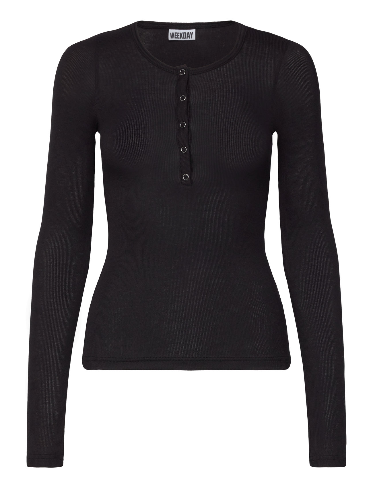 トップス Nylon SEE THROUGH HENLEY NECK KNIT sheer rib long sleeve henley top - Black | Weekday EU