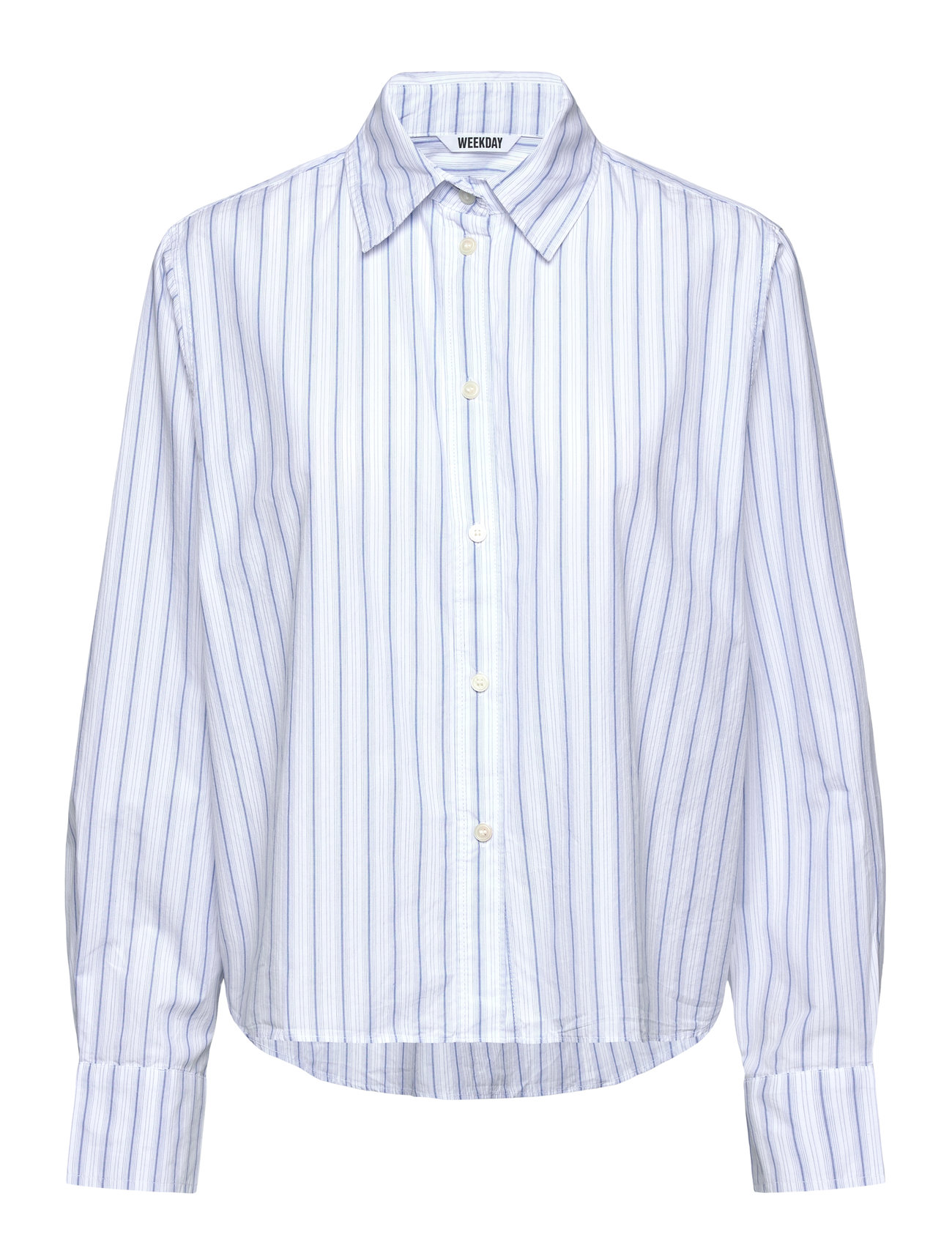 Weekday Relaxed Cropped Long-Sleeved Cotton Shirt, XS, Blue, Skjorter > Langærmede, Dame