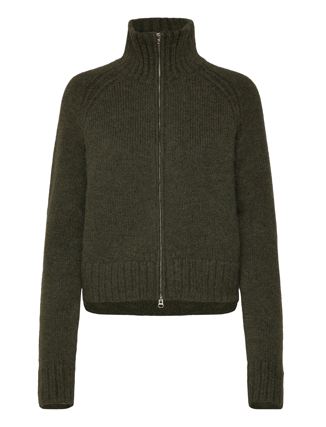 Weekday Soft Knitted Fitted Zip Cardigan, S, Khaki green, Strik > Cardigans, Dame