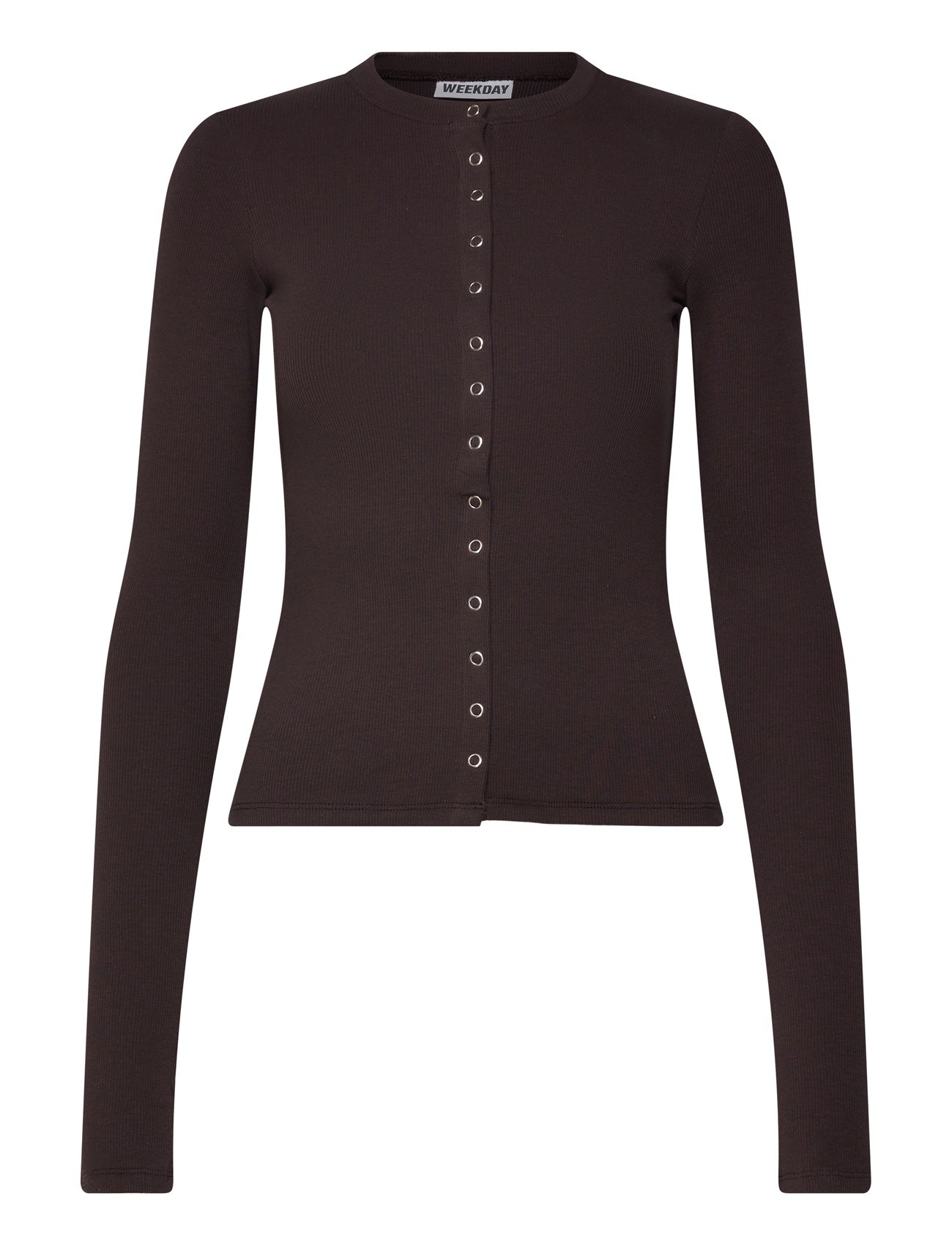 Weekday Slim Ribbed Long-Sleeved Buttoned Cardigan, XL, Brown, Strik > Cardigans, Dame