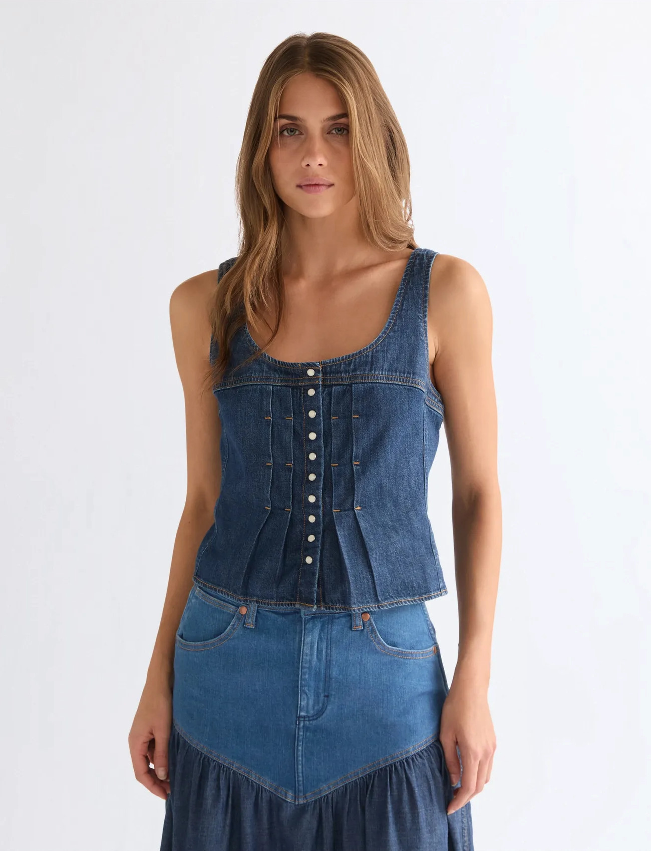 Wrangler Pleated Corset Top, L x 00, Blue, Crop Overdele > Crop Overdele Uden Ærmer, Dame
