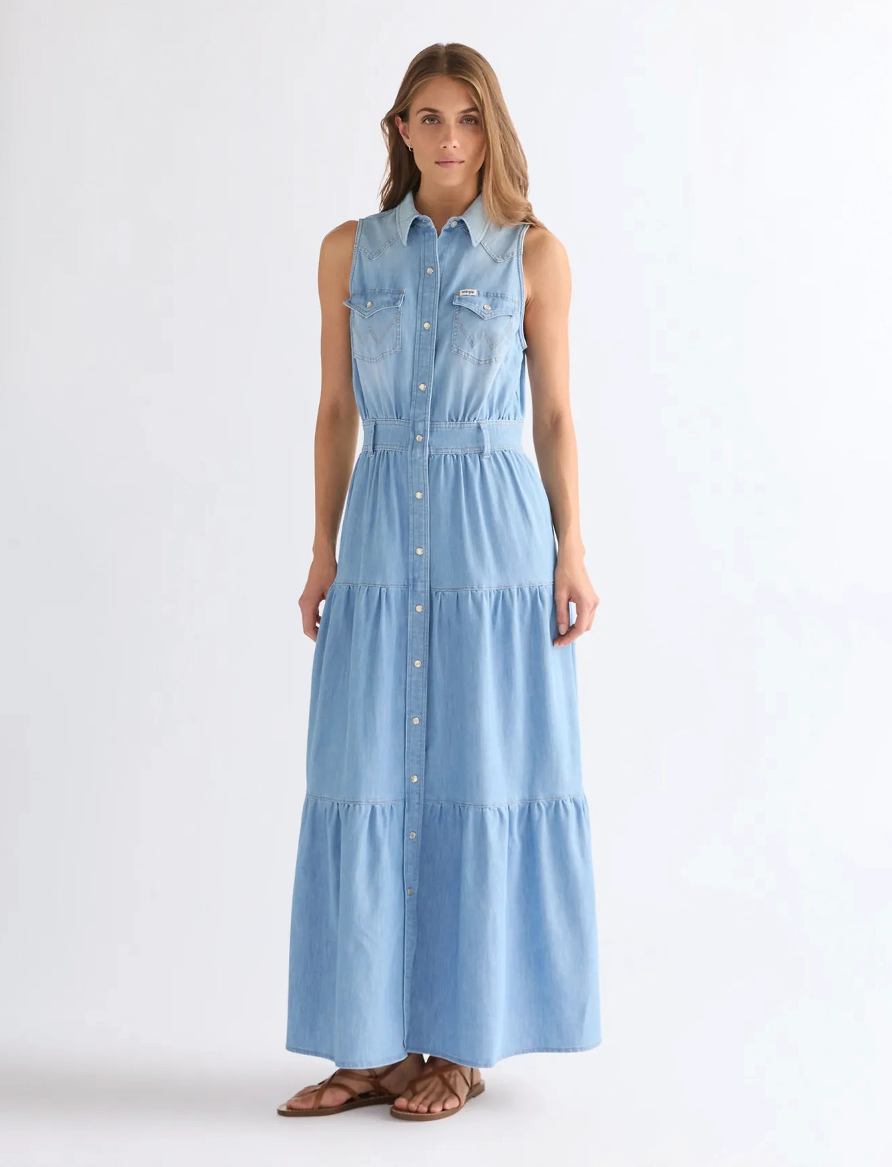 Wrangler Tiered Maxi Dress, L x 00, Blue, Kjoler > Maxikjole, Dame