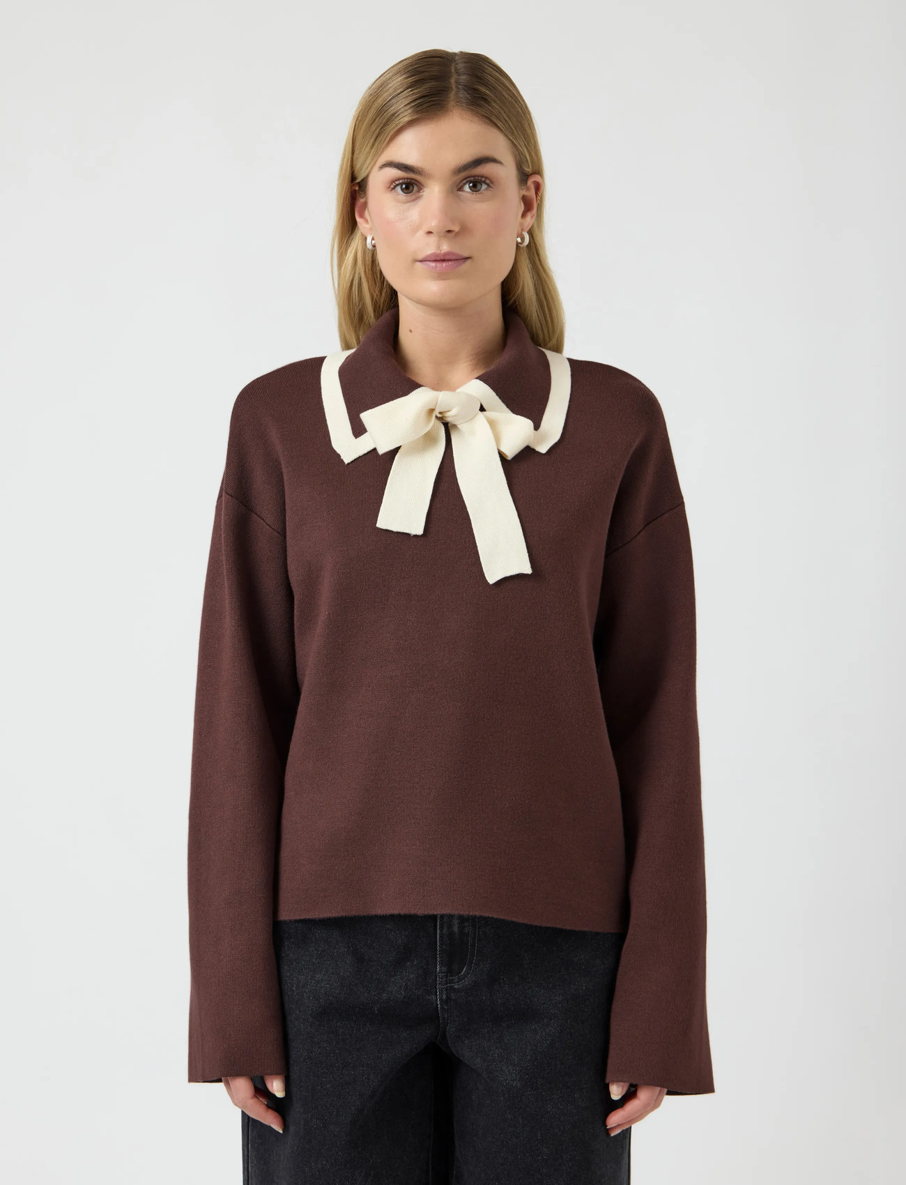 YAS Yasjosie Ls Bow Knit Top, S, Brown, Strik > Trøjer, Dame
